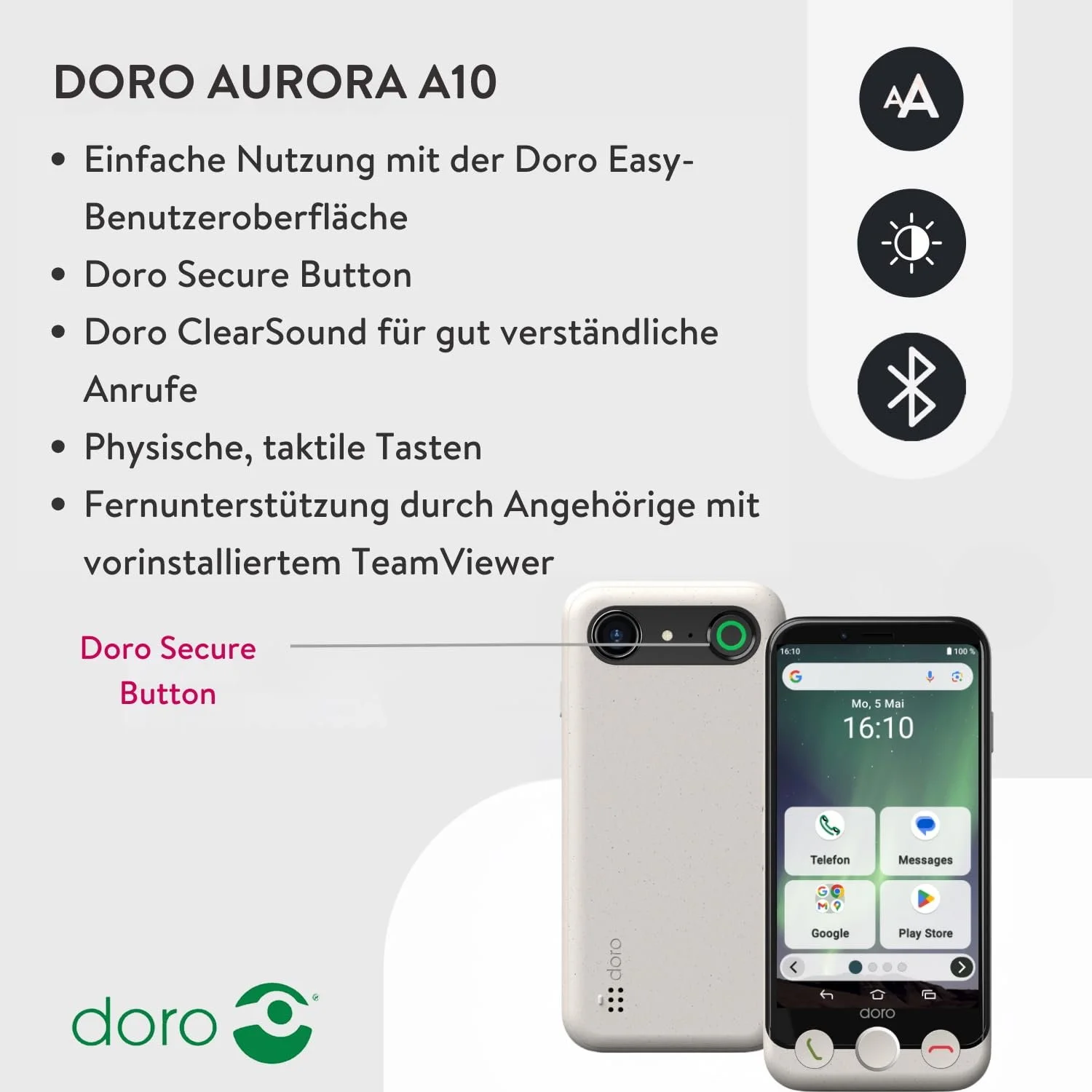 Мобильный телефон Doro Aurora A10 для пожилых людей с кнопкой помощи GPS USB-кабель в комплекте Graphite, фото №2