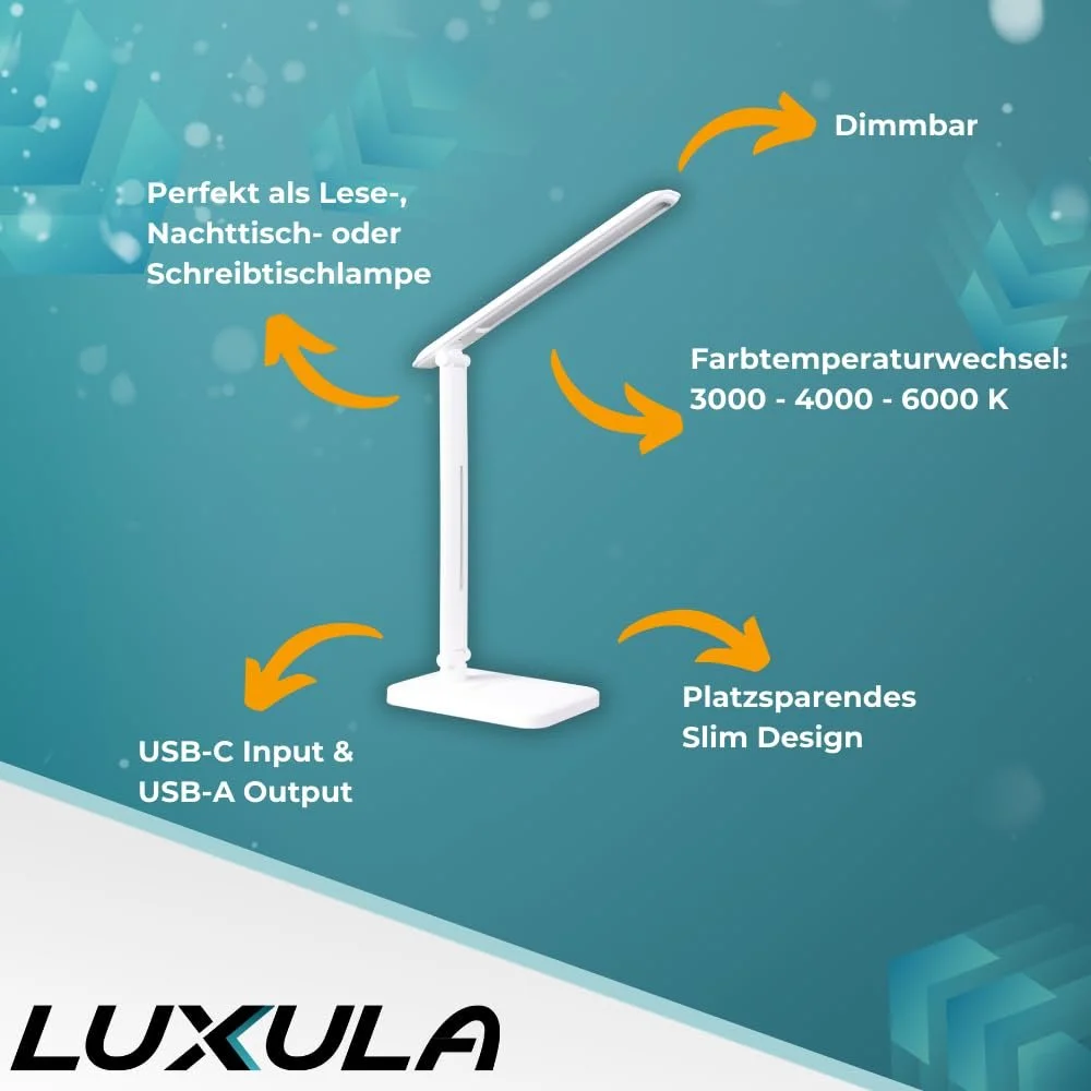 Настільна лампа LUXULA LED димер CCT USB зарядка без штекера біла, фото №2