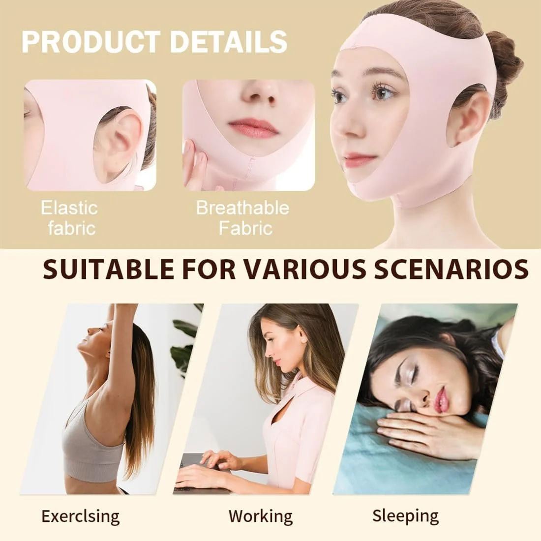 Маска для подтяжки лица ZKGYUS V-Line, пояс для подтяжки двойного подбородка, для любого времени года, розовый, фото №4