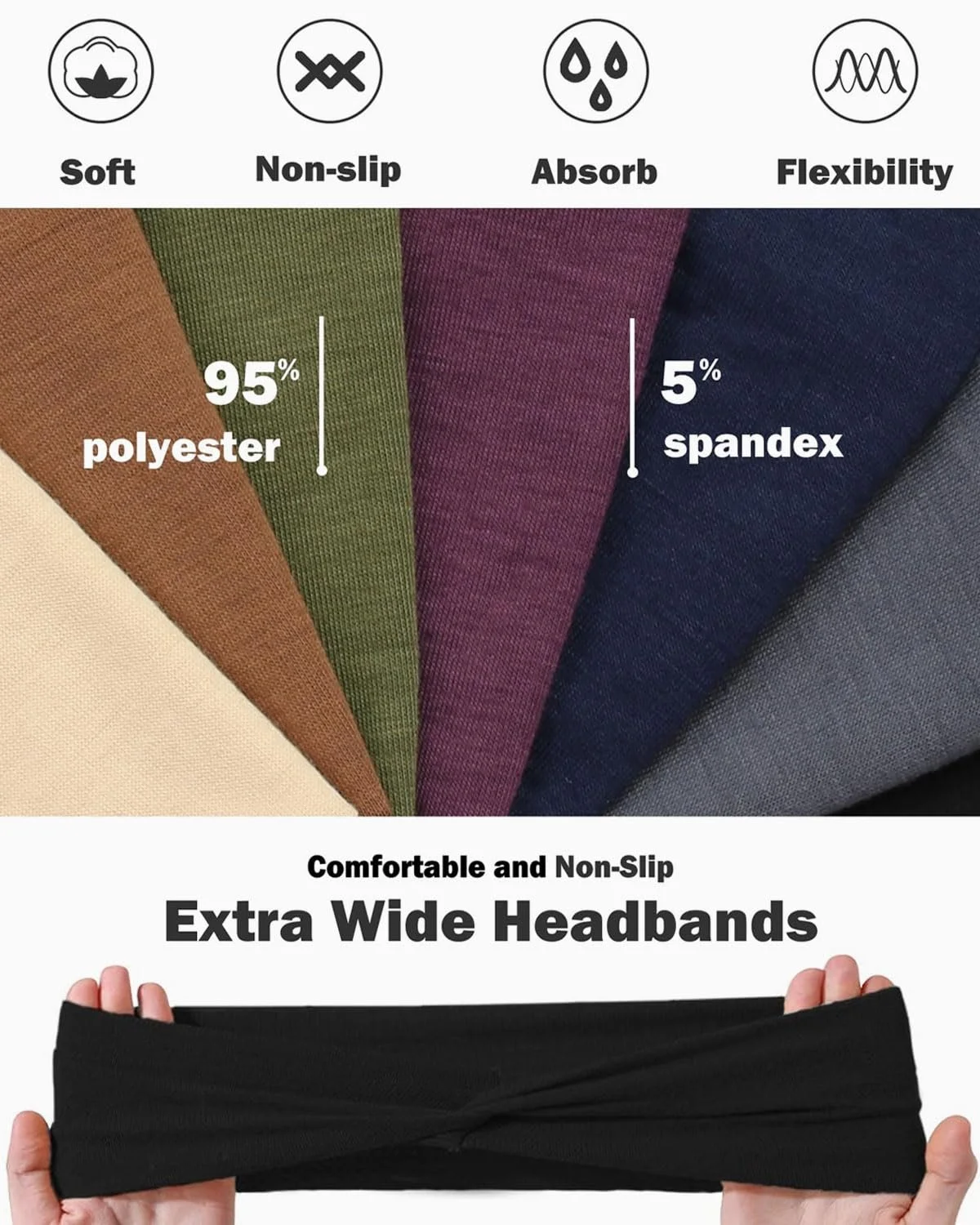 Пов'язка на голову Еластична М'яка Широка Однотонна, фото №3