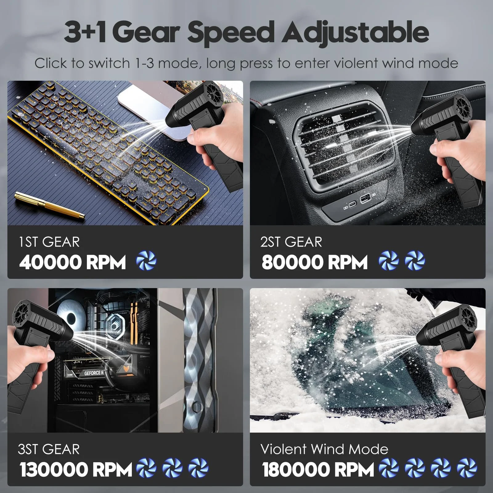 Электрическая воздуходувка Ofeace 180,000 RPM 4 скорости Аккумуляторная с щеткой для чистки, фото №3