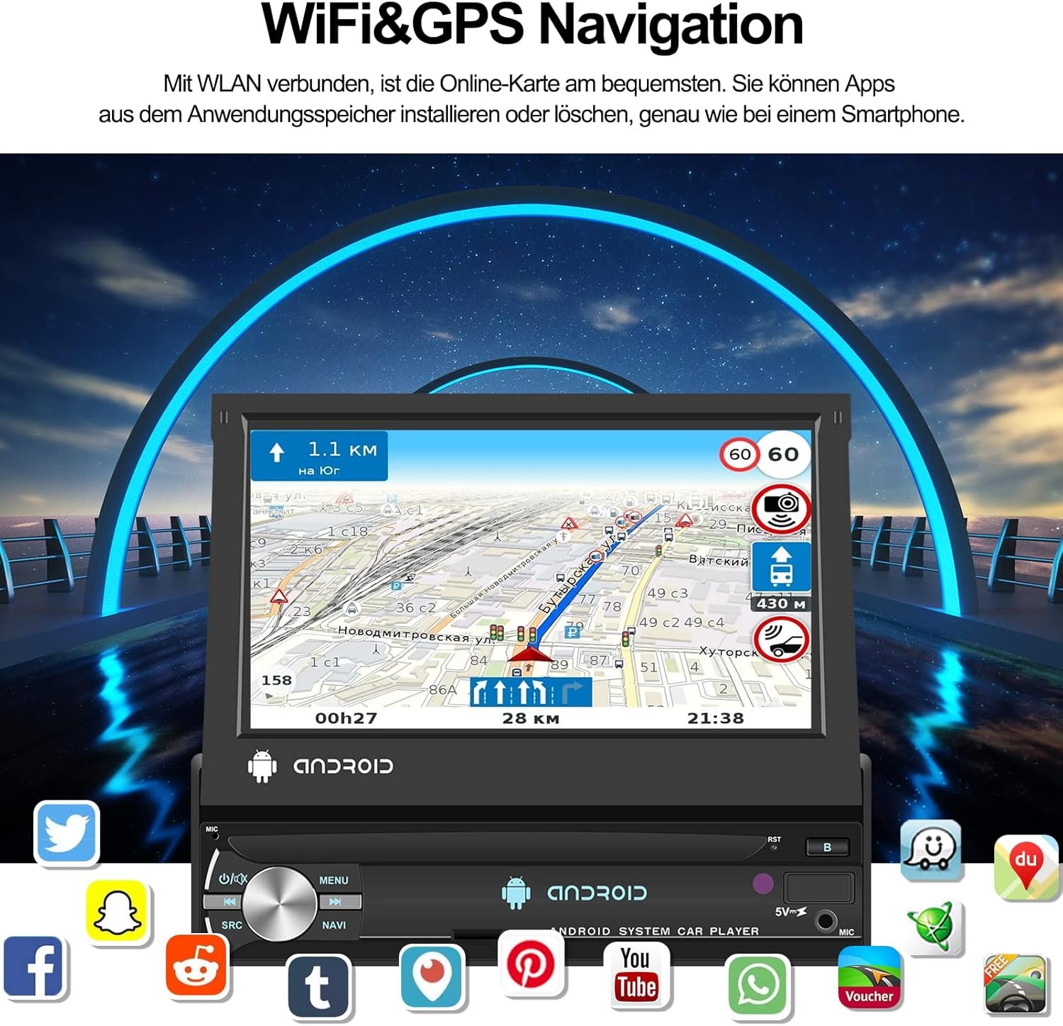 Автомагнітола CAMECHO SU 9708 / 7" / Сенсорна / 2/64Гб / Android 13 / Bluetooth / WI-FI / GPS / USB / AUX / 1DIN, фото №5