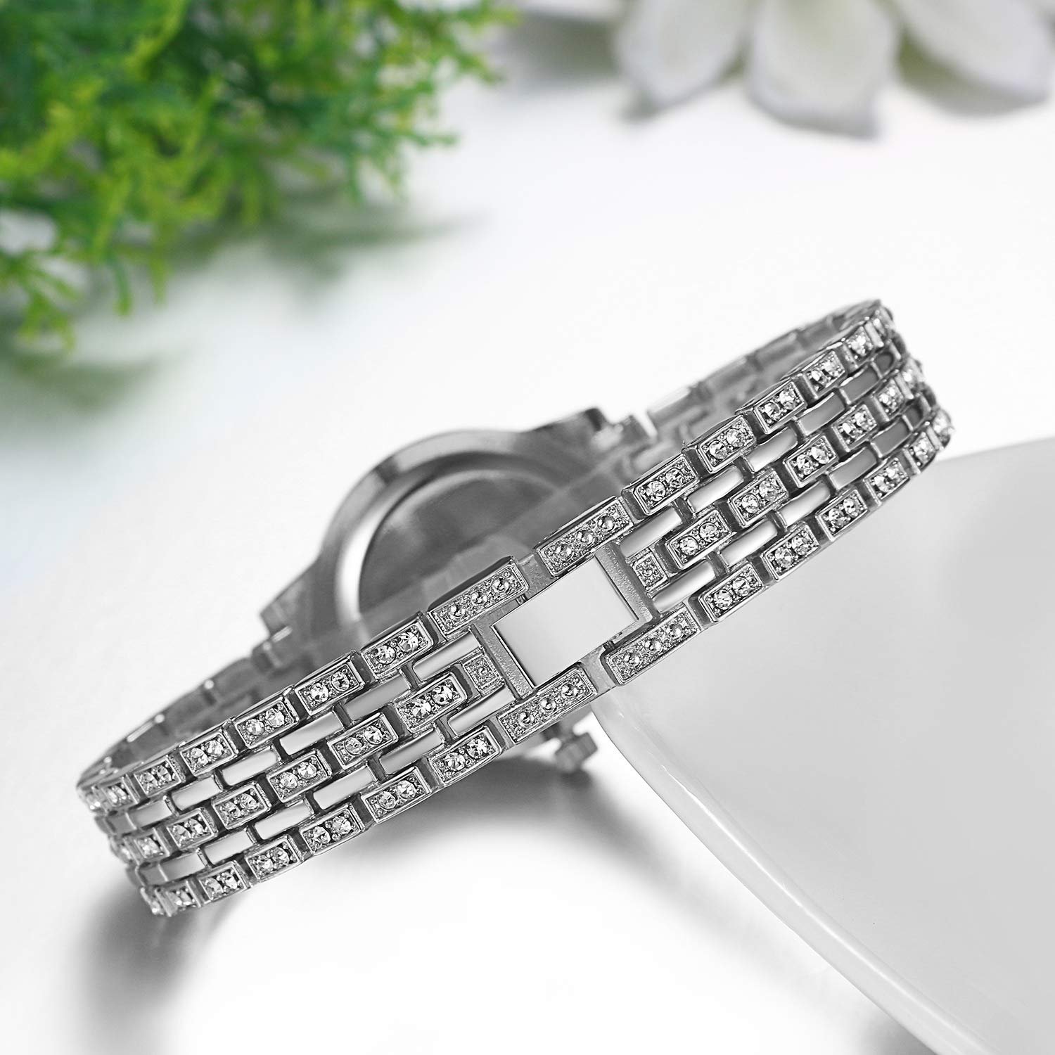 Женские часы JewelryWe с корпусом со стразами, металлическим ремешком, аналоговые кварцевые, серебристые/золотистые, фото №6
