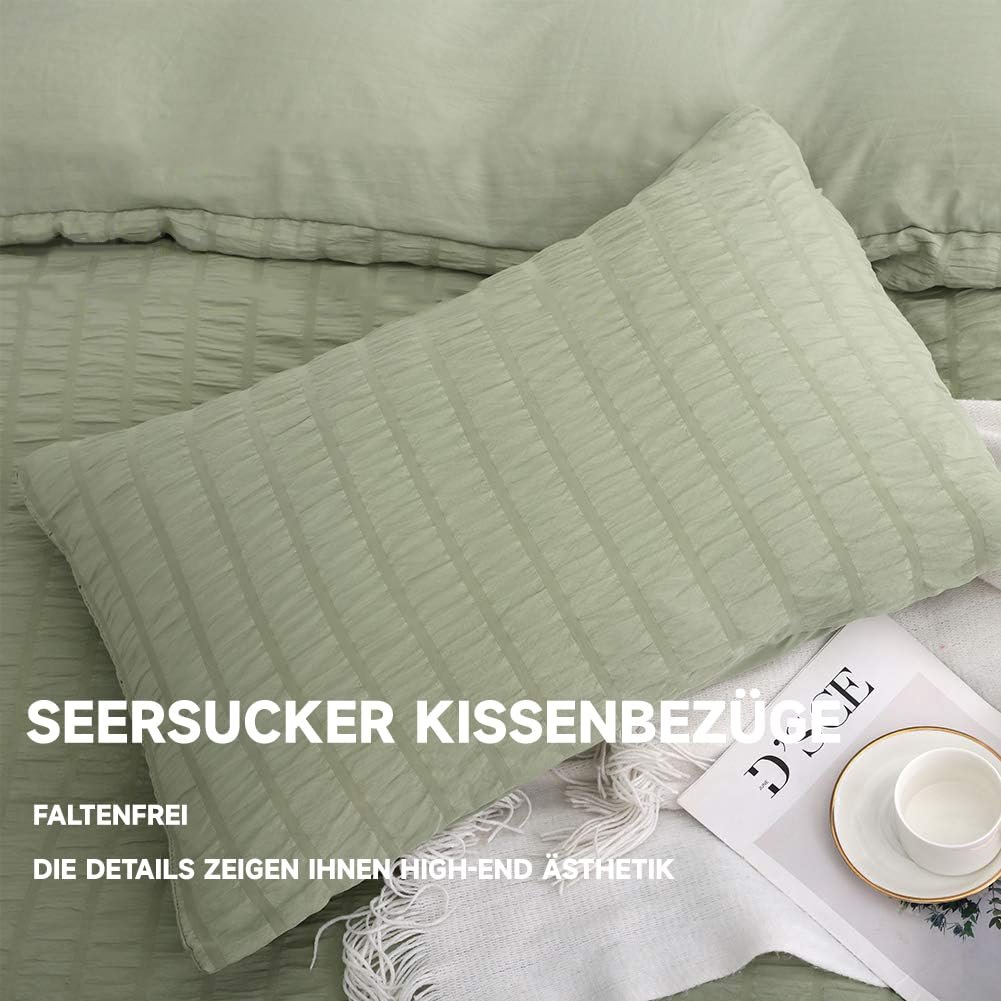 Постільна білизна Boqingzhu Seersucker 200 x 220 см, зелена шавлія, літня дихаюча охолоджуюча двостороння, комплект: підковдра 200 x 220 см та 2 наволочки 80 x 80 см з блискавкою, фото №5