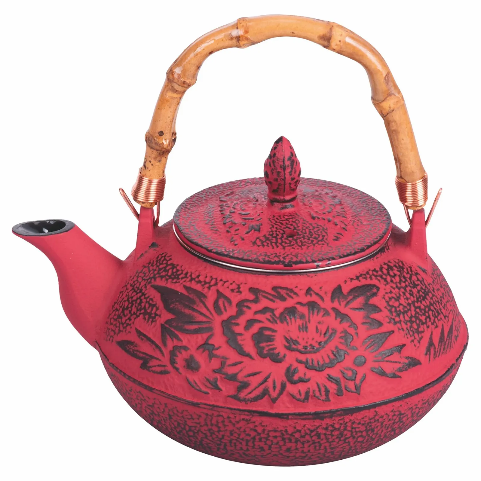 Чайник-заварник Чавунний Бамбукова Ручка Ситечко Нержавіюча Сталь 800 мл Червоний, фото №1