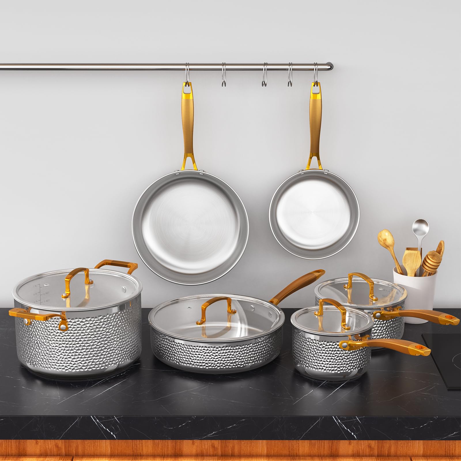 Набір Homaz life Stainless Steel Pots and Pans Set Три-шаровий Скляні кришки, фото №7