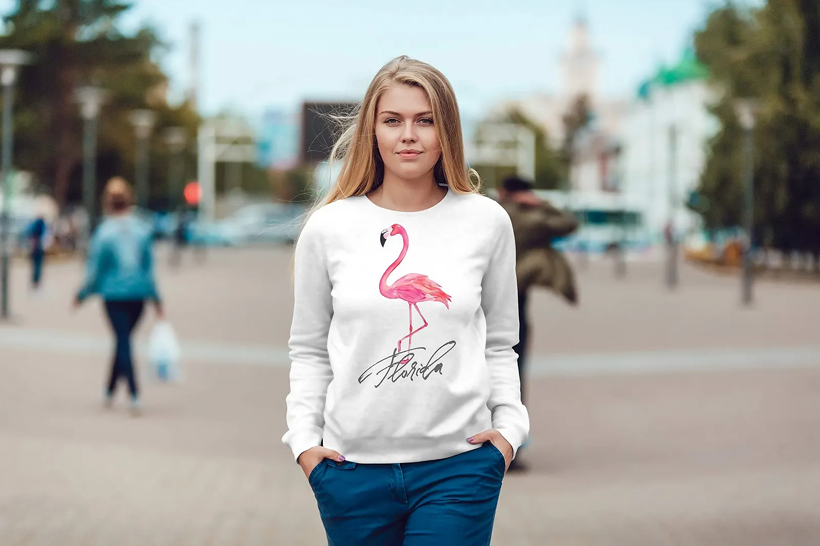 Женский Свитшот Neverless Рисунок Фламинго Надпись Florida Акварельный дизайн Круглый вырез, фото №3