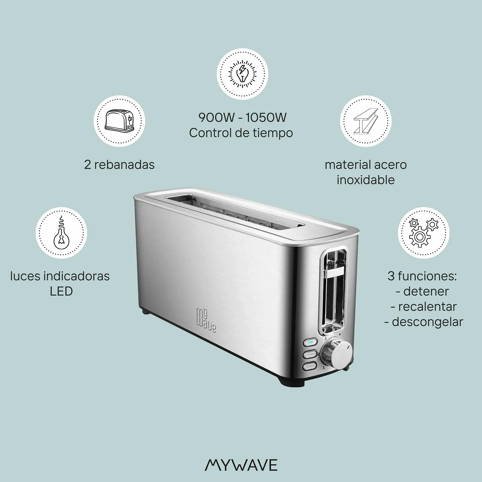 Тостер з одним довгим слотом Mywave Ceylan 1 для 2 скибочок, нержавіюча сталь, сірий, фото №4
