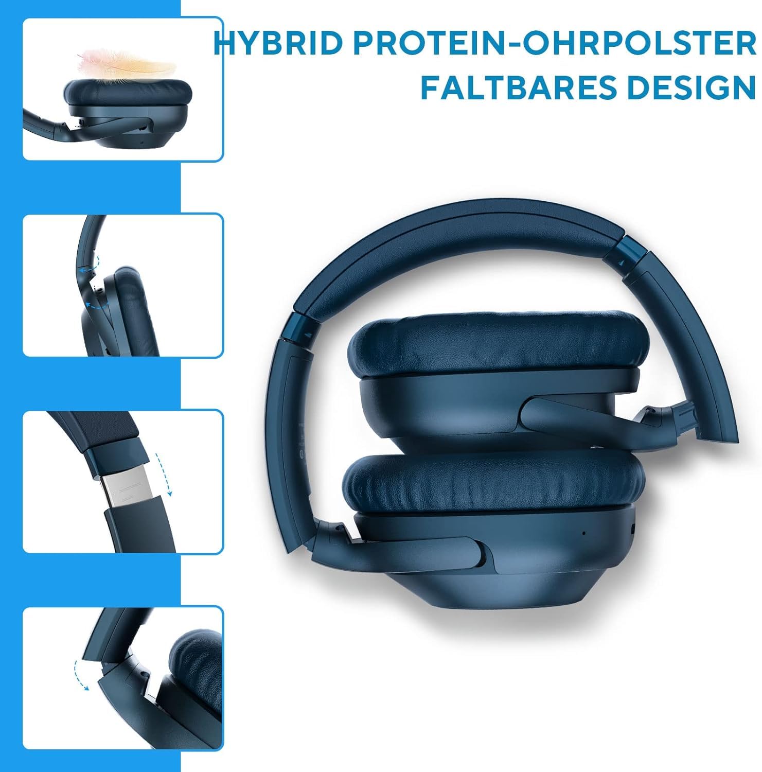 Наушники Ankbit E500Pro Hybrid Active Noise Cancelling, 90 часов воспроизведения беспроводные Bluetooth накладные с микрофоном, Hi-Fi звук, множественные подключения, комфортные ушные подушки, синие, фото №6