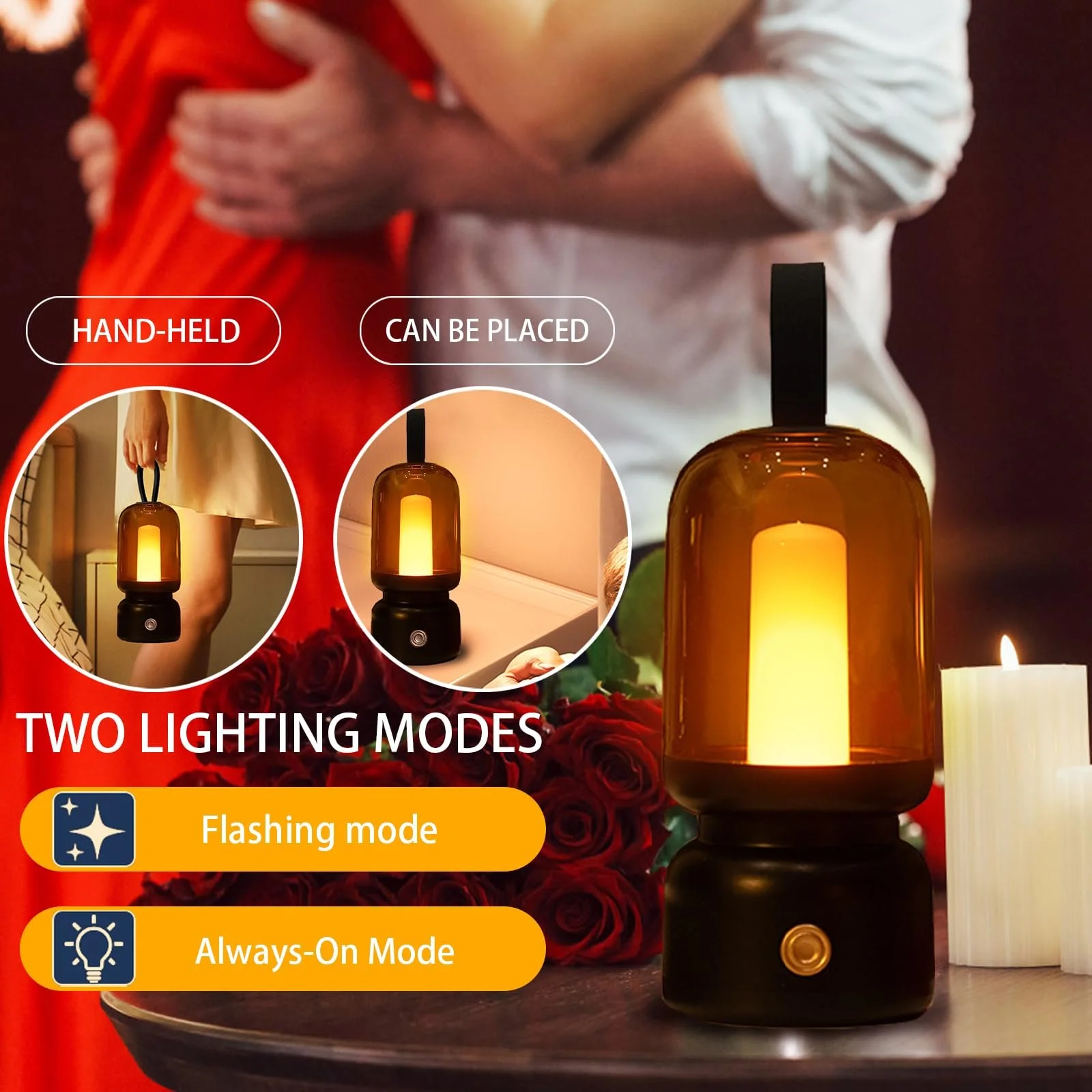 Настільна лампа-ліхтар Ретро LED портативна бездротова 1800 K режим мерехтіння свічки 14 год роботи чорна, фото №4