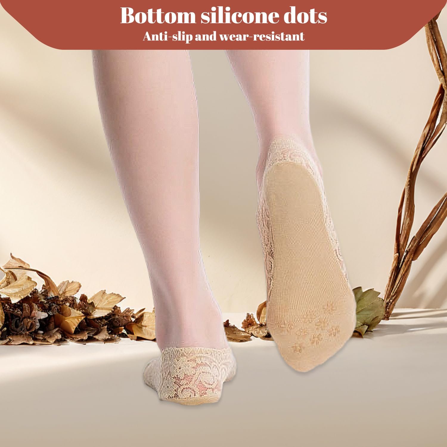 Женские носки-невидимки Кружевные 6 пар - Нескользящие низкие с силиконовым захватом для мокасин / балеток / кроссовок / туфель (Натуральный), фото №4