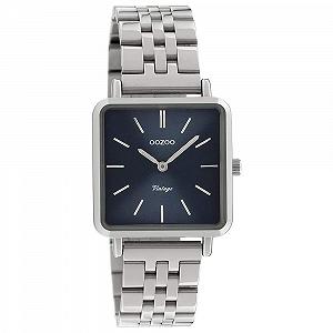 Винтажные Женские Часы Oozoo Квадратные Плоские 28 мм C9951, Серебристо-темно-синий, серебряный, Браслет - Фото 1