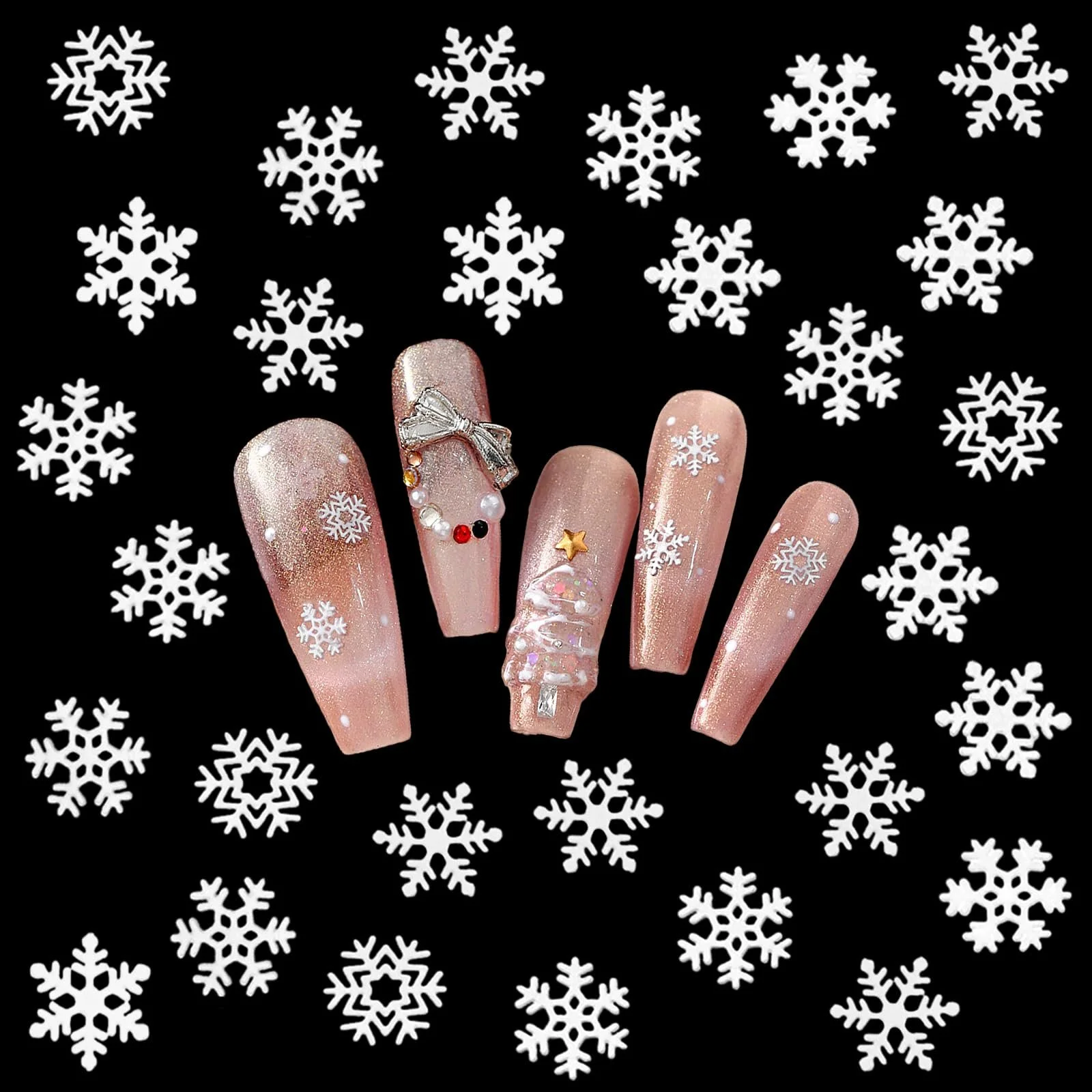 Подвески для ногтей Снежинки 150 штук Рождественские украшения для ногтей Металлические белые снежинки Украшения для ногтей Аксессуары для женщин Девушек Маникюр Дизайн DIY Поделки, фото №1