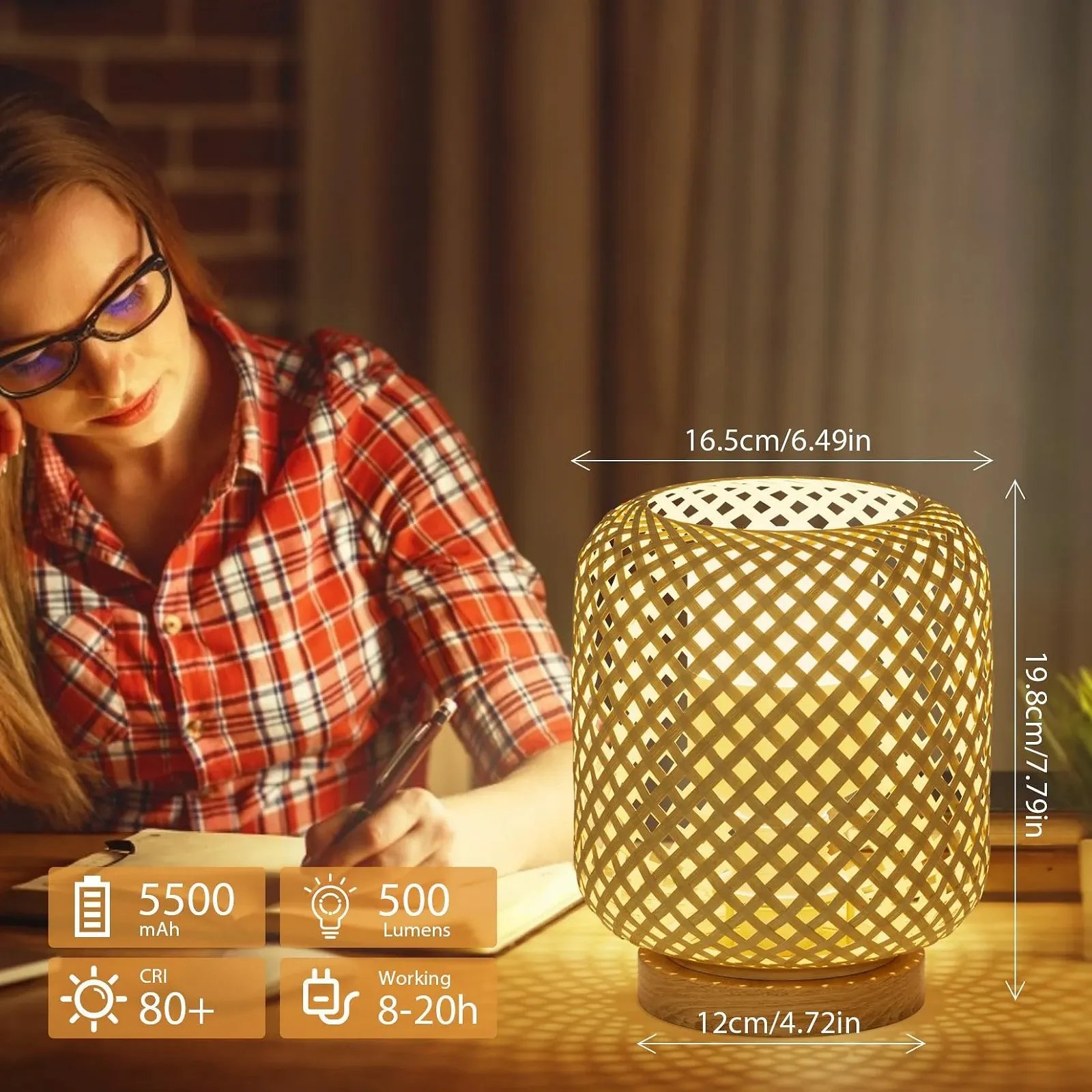 Настільна лампа Klighten 2 шт. Dimmable Rattan Bamboo Wood Wireless Battery 5500 mAh 7 Вт, фото №2