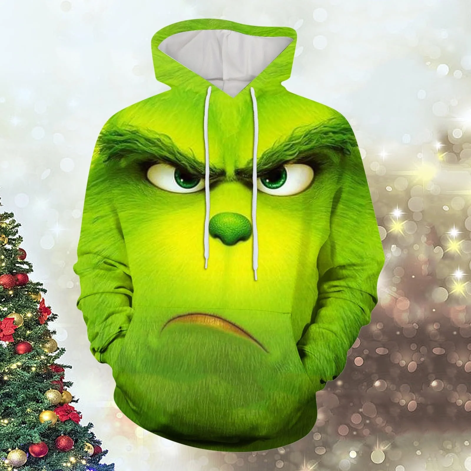 Худи BHXUTK Рождественский Женский Зеленый Худи на Шнурках Уродливый 3D Смешной Принт Длинный Рукав Пуловер Толстовка с Капюшоном Зимние Свободные Топы Праздничное Худи Уличный Стиль Куртка, фото №2