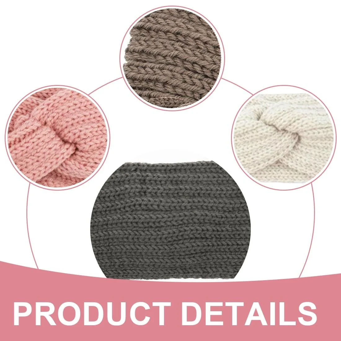 В'язана зимова пов'язка на голову для жінок Beige & Grey & Pink, фото №3