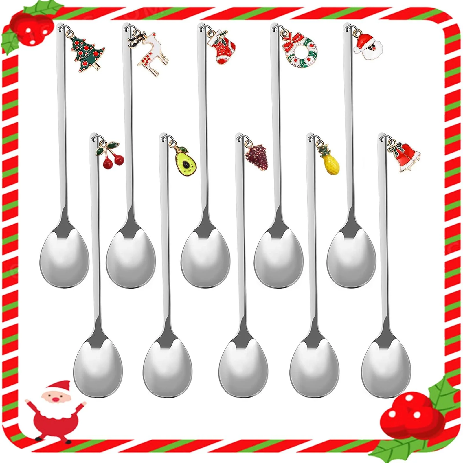 Ложки Рождественские, набор 10 шт, ложки для кофе, ложки из нержавеющей стали, чайные ложки, десертные ложки, ложки для размешивания, суповые ложки, клубника, ананас, авокадо, вишня для кофе, мороженого, супа, фото №1