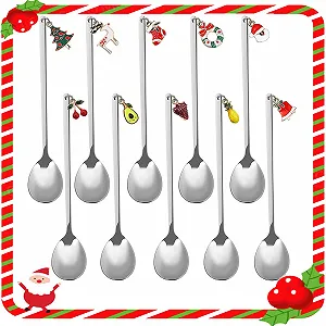 Ложки Рождественские, набор 10 шт, ложки для кофе, ложки из нержавеющей стали, чайные ложки, десертные ложки, ложки для размешивания, суповые ложки, клубника, ананас, авокадо, вишня для кофе, мороженого, супа - Фото 1