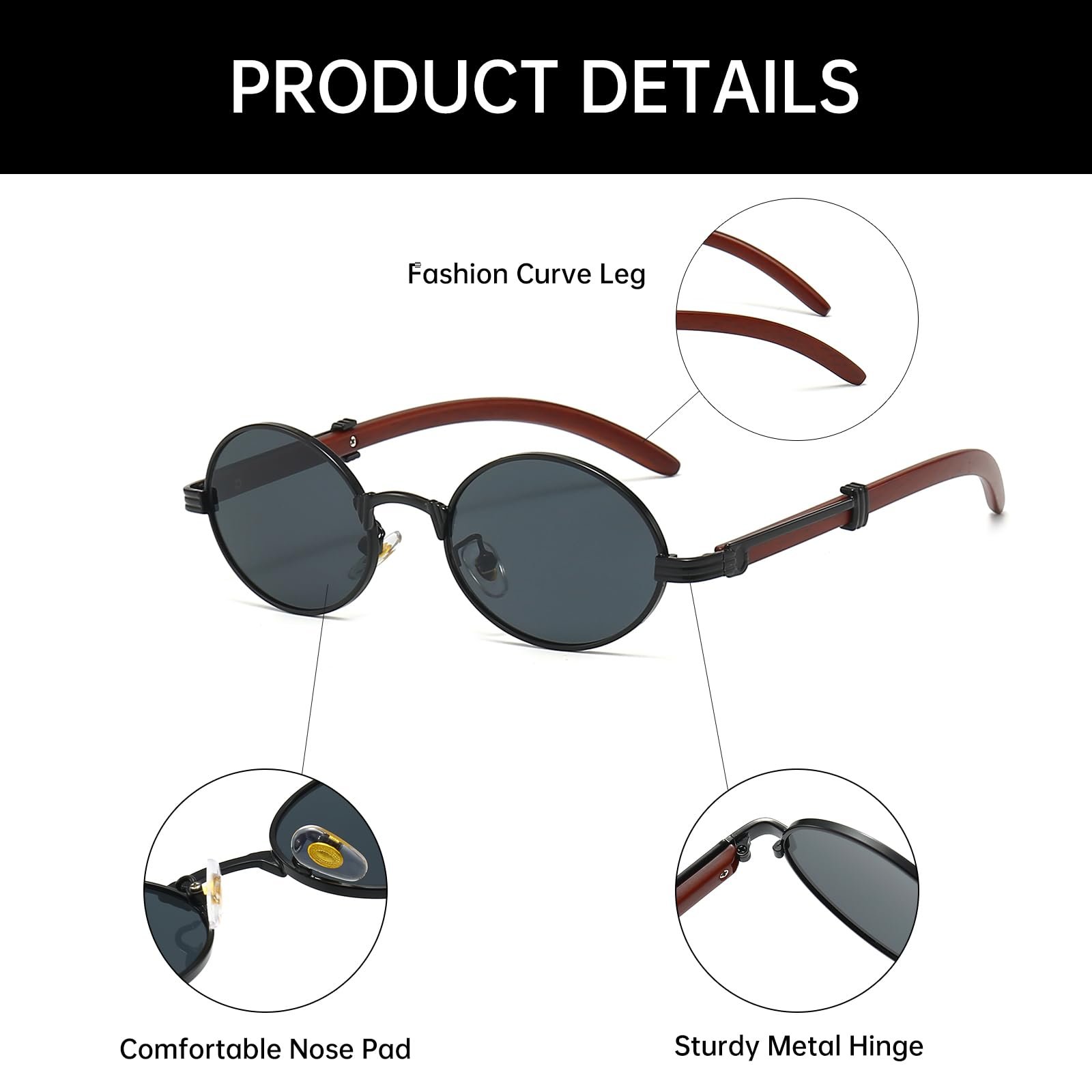 Сонцезахисні окуляри Дерев'яні YAMEIZE Круглі Овальні Ретро, фото №6