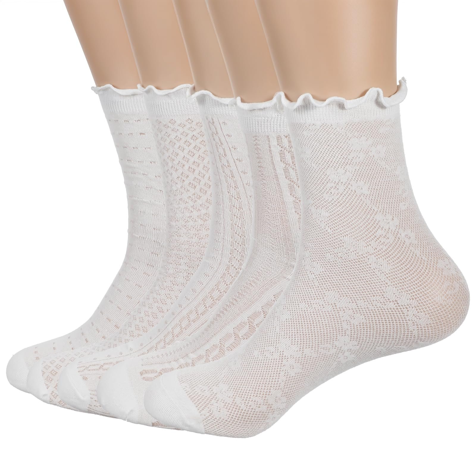 Носки Yolev 5 пар Женские, Белые Хлопковые Носки с Рюшами, Спортивные Носки, Удобные, Дышащие Носки, Однотонные Балетные Носки, Носки до Щиколотки для Женщин и Девочек, фото №1