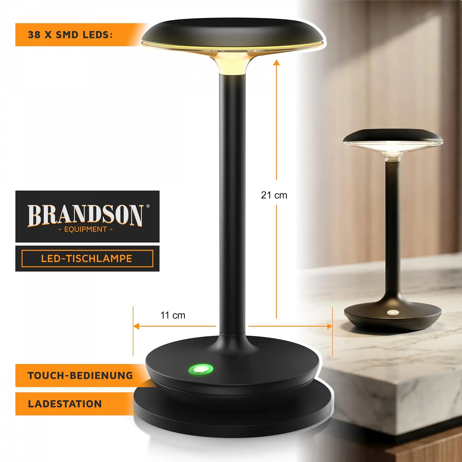 Світлодіодна настільна лампа Brandson акумуляторна бездротова 3 режими сенсорна Чорна, фото №2