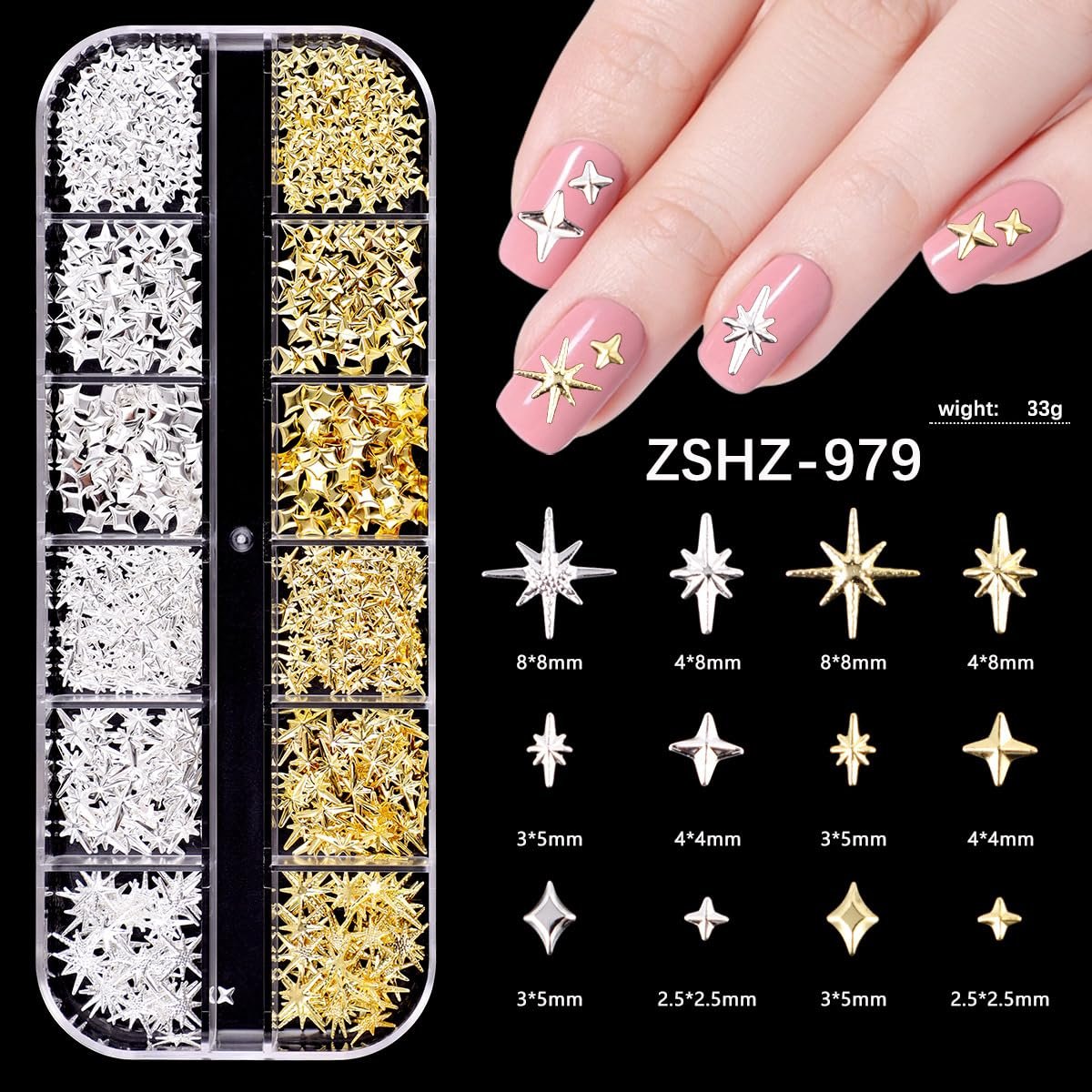Прикраси для нігтів, 6 коробок Золоті Срібні 3D, фото №7