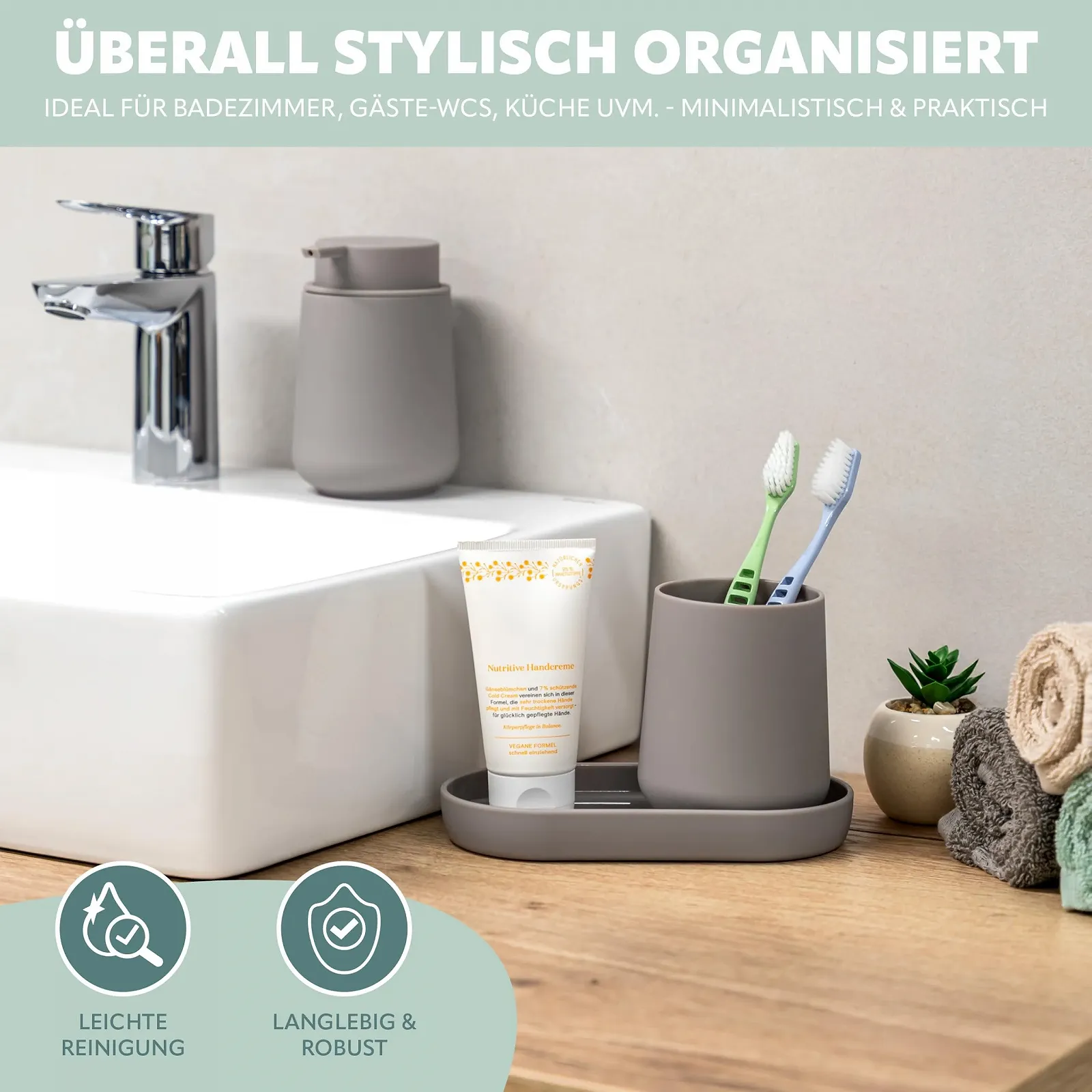 Набор для ванной комнаты Eluno Tesero, 3 предмета дозатор для мыла, стакан и мыльница, пластик, Taupe, фото №4