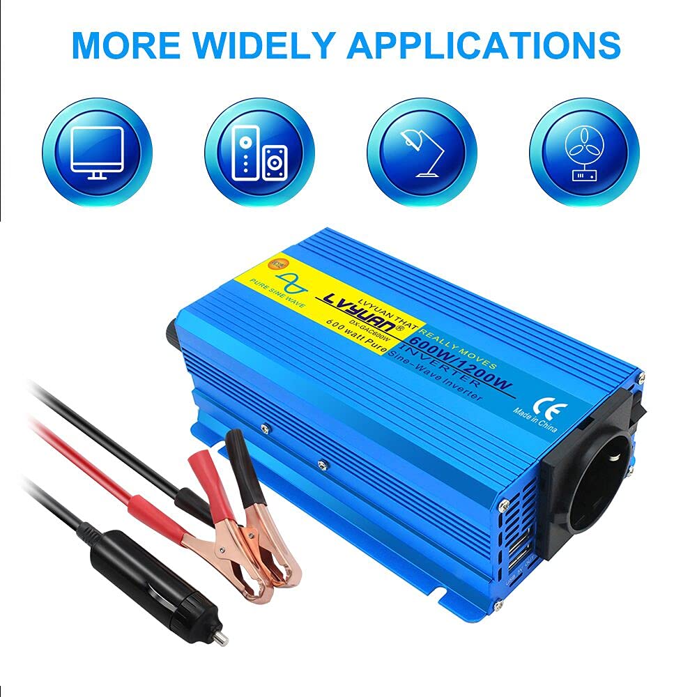Інвертор Cantonape Pure Sine Wave 600 W 12 V 230 V 600 W силовий конвертер Автоінвертор з 2 USB портами автомобільним зарядним та клемами акумулятора, фото №4