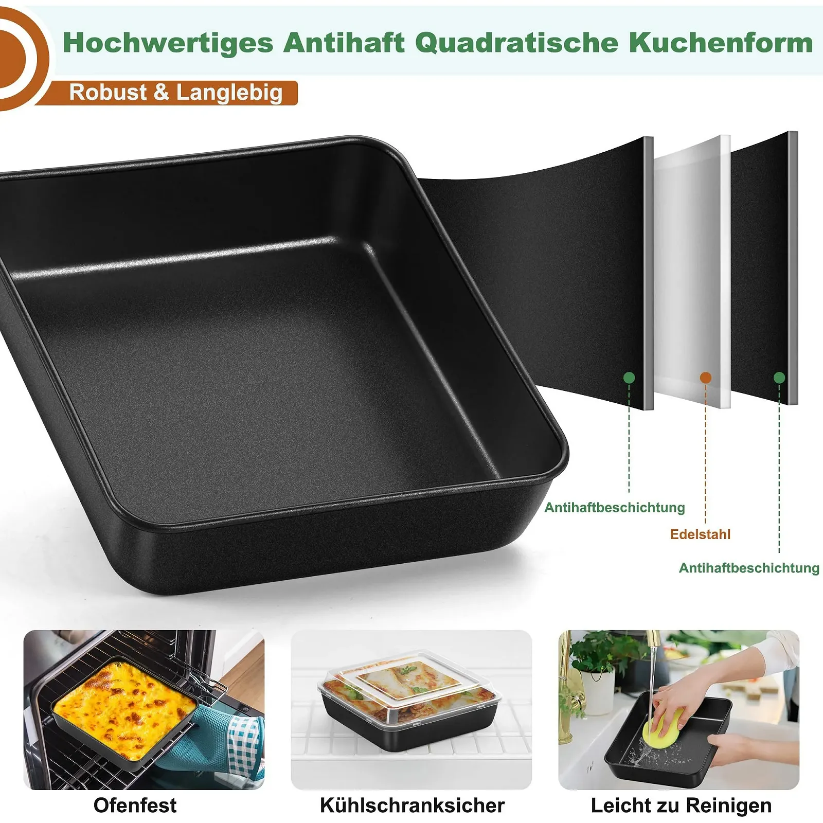 Форма для выпечки Joyfair Квадратная Набор из 2 шт. Нержавеющая сталь Антипригарная с крышкой 21 x 21 x 5 см, фото №4