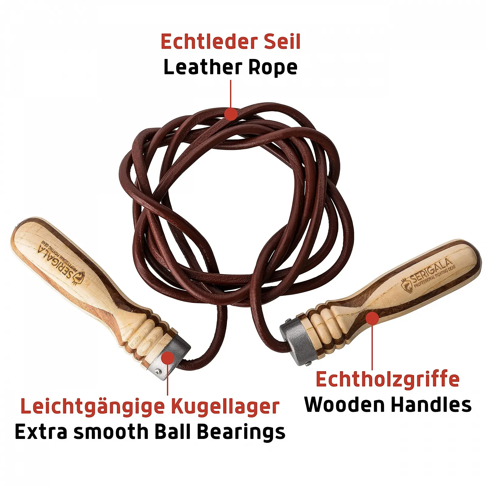 Скакалка Serigala Professional Leather зі шнуром із волової шкіри, дерев'яними ручками, шарикопідшипниками та обтяжувачами, фото №3 Скакалка Serigala Professional Leather зі шнуром із волової шкіри, дерев'яними ручками, шарикопідшипниками та обтяжувачами, фото №3