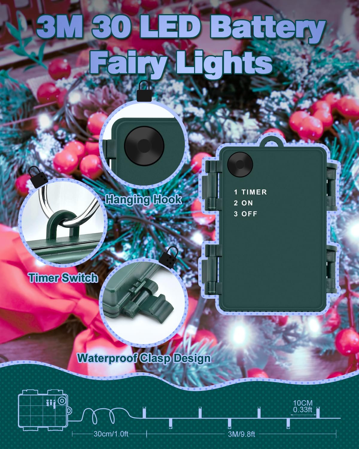 Гирлянда Dalugo 3 м 30 LED Холодный Белый, питание от батареи, таймер, зеленый кабель, фото №6