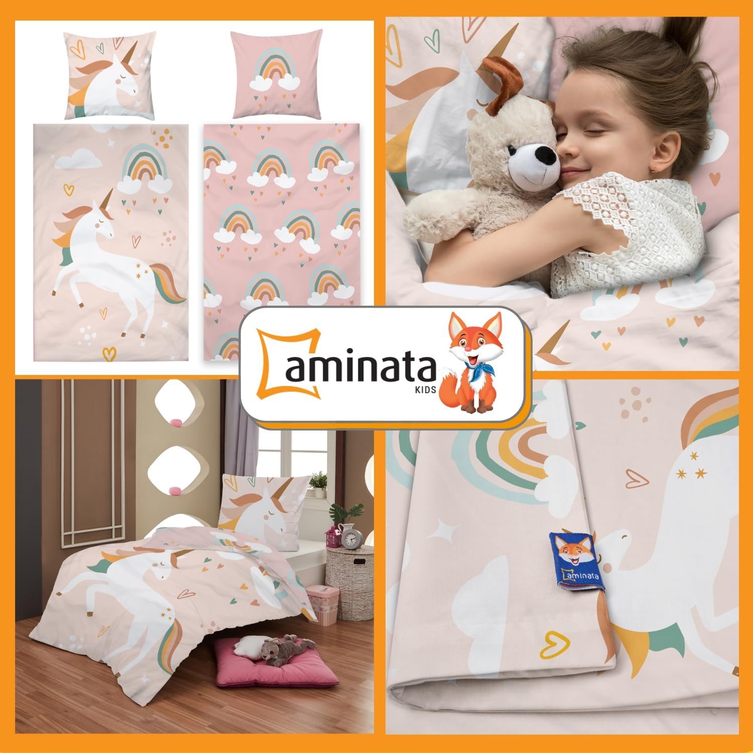 Детское Постельное Белье Aminata kids С рисунком Единорога 135 x 200 см, Хлопок, Розовый Радуга, фото №2