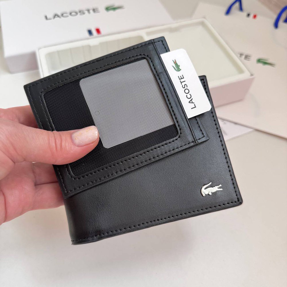 Чоловіче брендовий гаманець із натуральної шкіри Lacoste чорний в подарунковій коробці з картхолдером, фото №4
