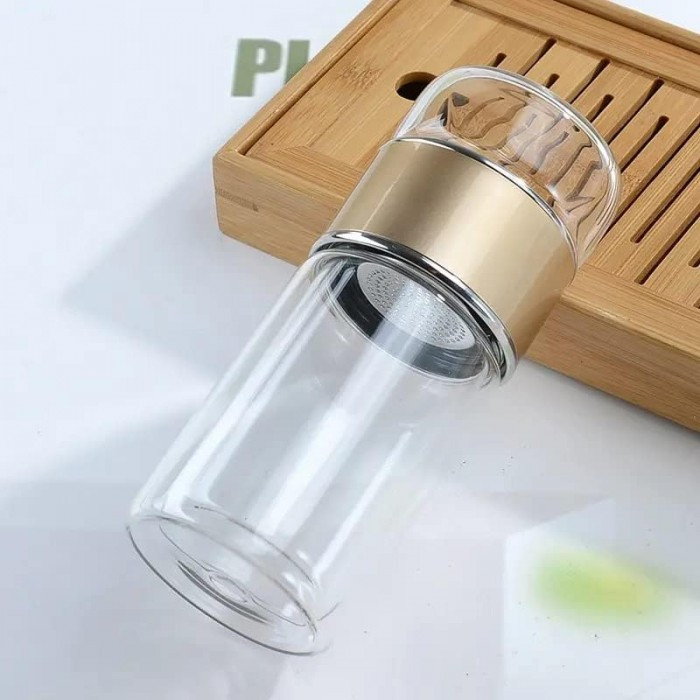Стеклянный термос с двойными стенками для чая Infuser 280 мл золотой, фото №4