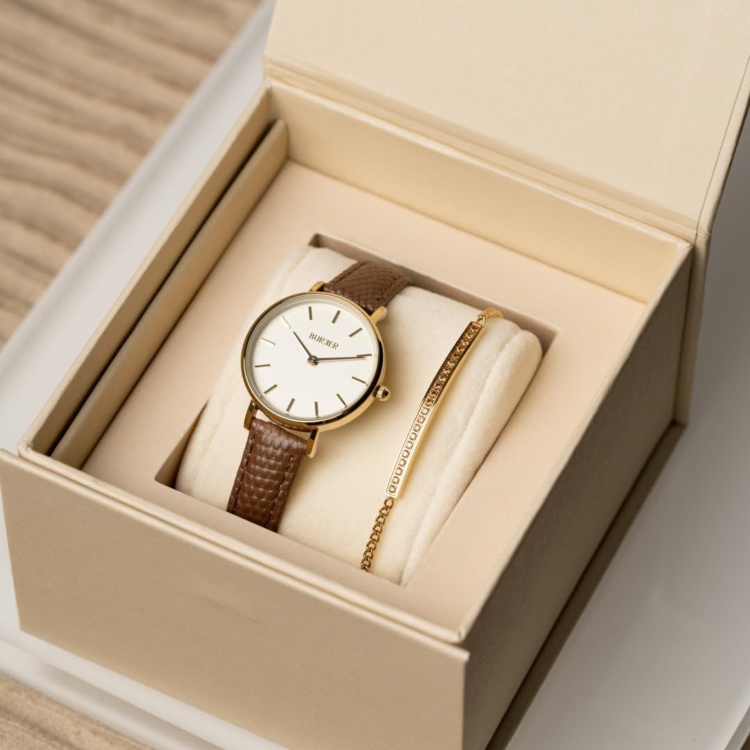 Женские часы BURKER Ruby Petite, круглые женские часы, классические аналоговые, водонепроницаемые 3 ATM, кожаный ремешок, золото-коричневый, 28 мм, золото-коричневый - кожа, браслет, фото №7