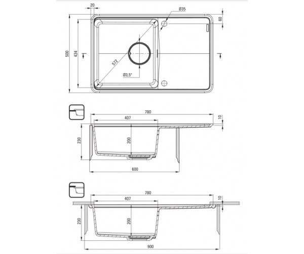 Deante Мийка кухонна Momi граніт прямокут з крилом 780х500х230мм чаша 1 врізна антрацит, фото №3