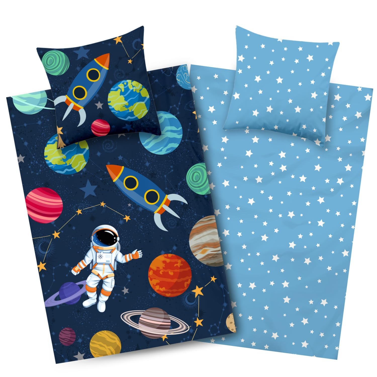 Постільна білизна Aminata kids Космос, 135 x 200 см, малюнок космос, дитячий двосторонній комплект, ракета, бавовна, космос, космонавт, синій, фото №1
