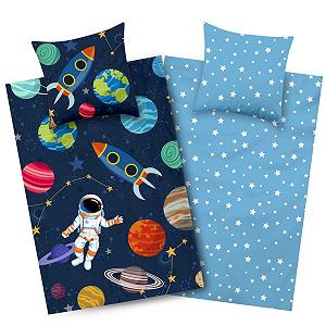 Постільна білизна Aminata kids Космос, 135 x 200 см, малюнок космос, дитячий двосторонній комплект, ракета, бавовна, космос, космонавт, синій - Фото 1