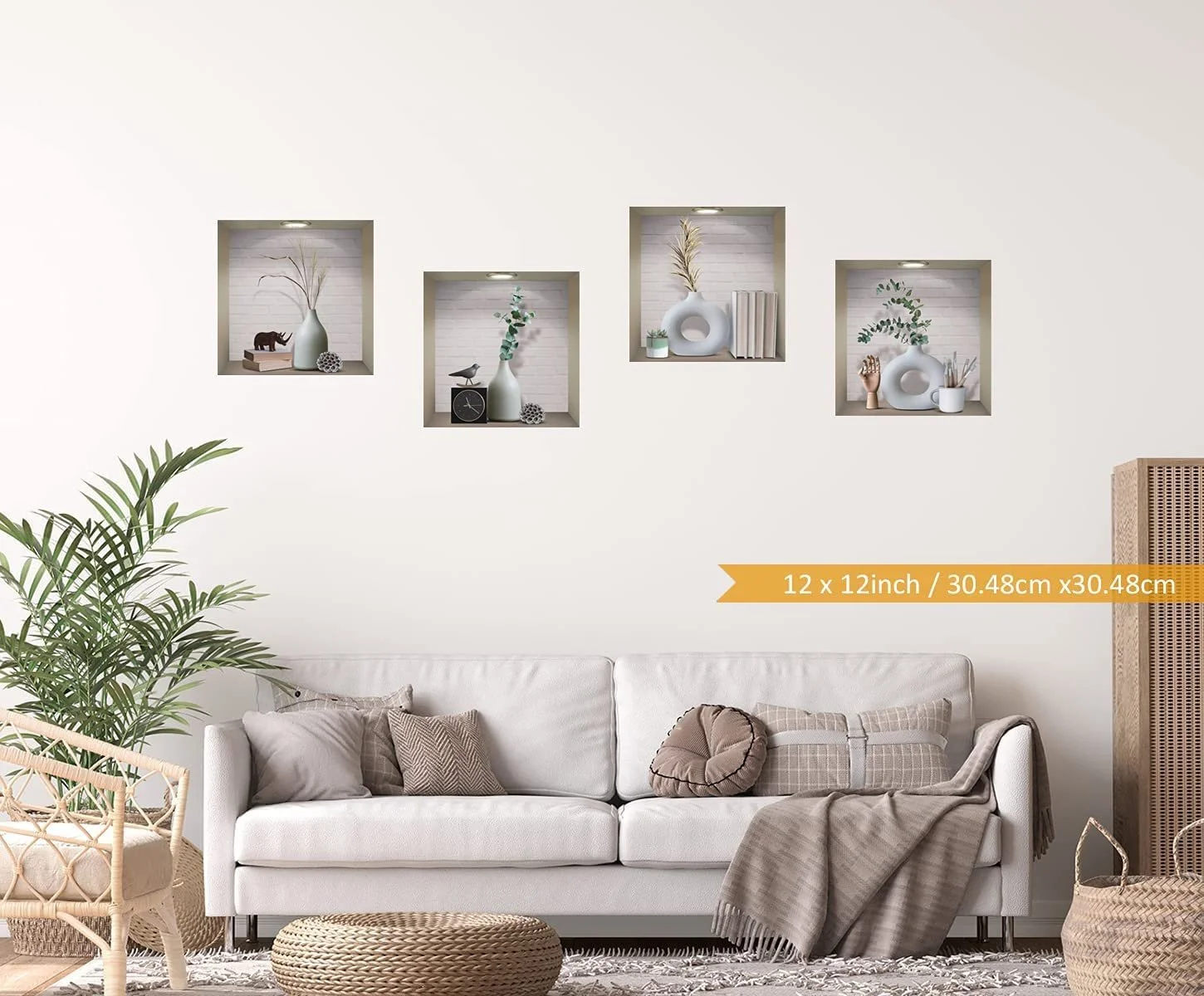 Наклейки на стену Pack of 4 3D Vase Green Plants Виниловые Съемные Белый и Зеленый, фото №4