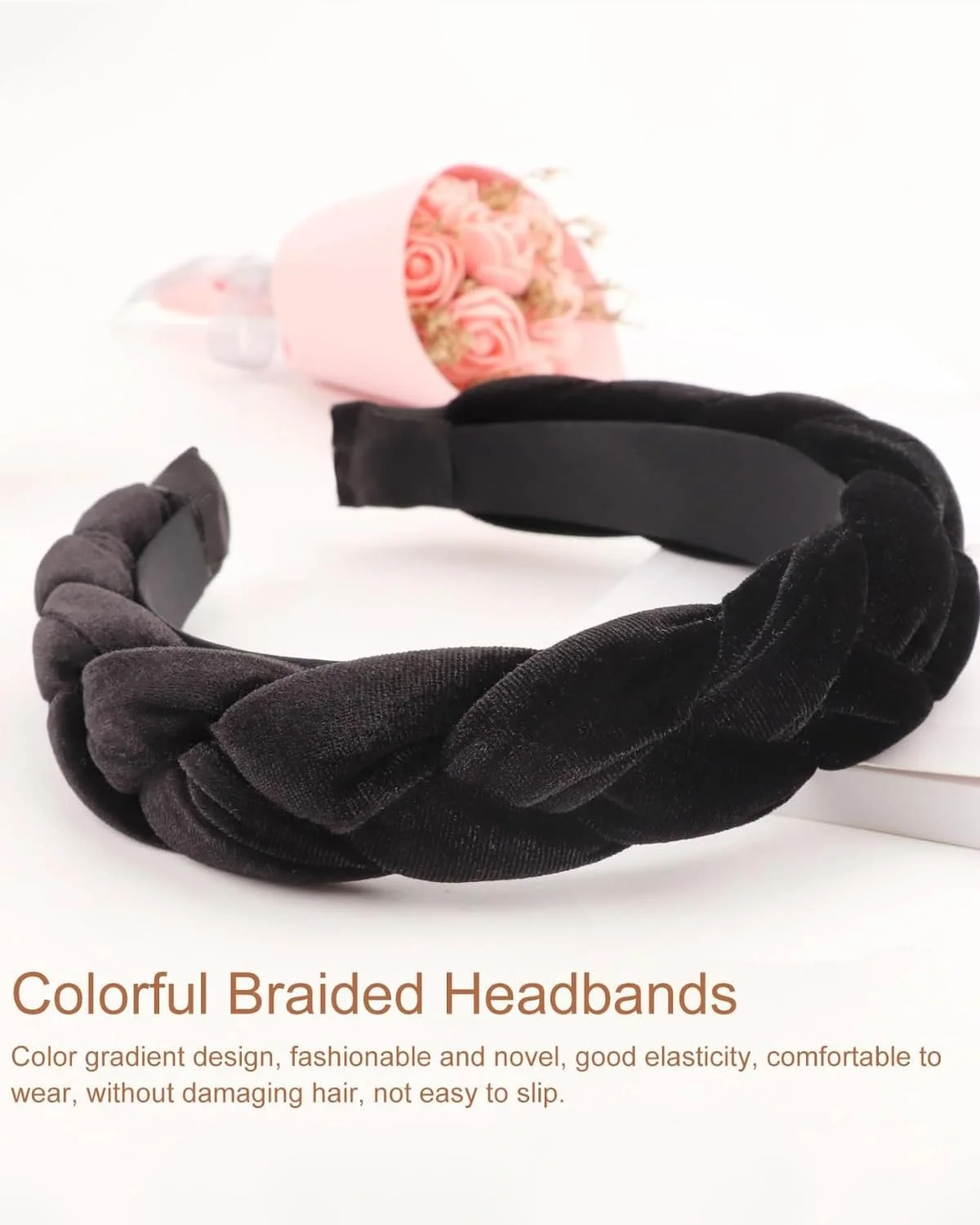 Обруч на голову плетений Оксамитовий еластичний аксесуар для волосся Чорний, фото №4 Обруч на голову плетений Оксамитовий еластичний аксесуар для волосся Чорний, фото №4