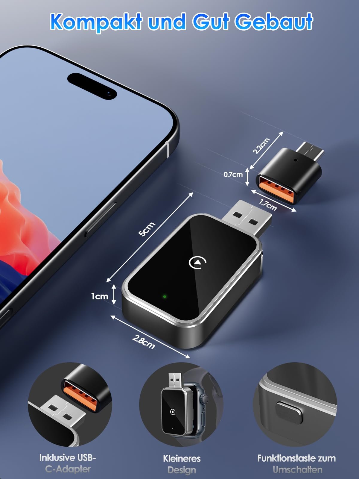 Бездротовий адаптер CarPlay PARPAT Бездротове перетворення через USB/Type-C, сумісний з iPhone, стабільне з'єднання, без затримок, для автомобілів з дротовим CarPlay, фото №5