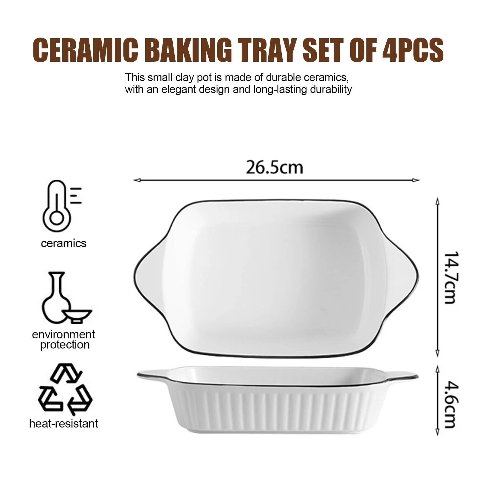 Набор форм для запекания керамических прямоугольных с ручками 1 л 4 шт. 26.5 x 14.7 x 4.6 см, фото №2