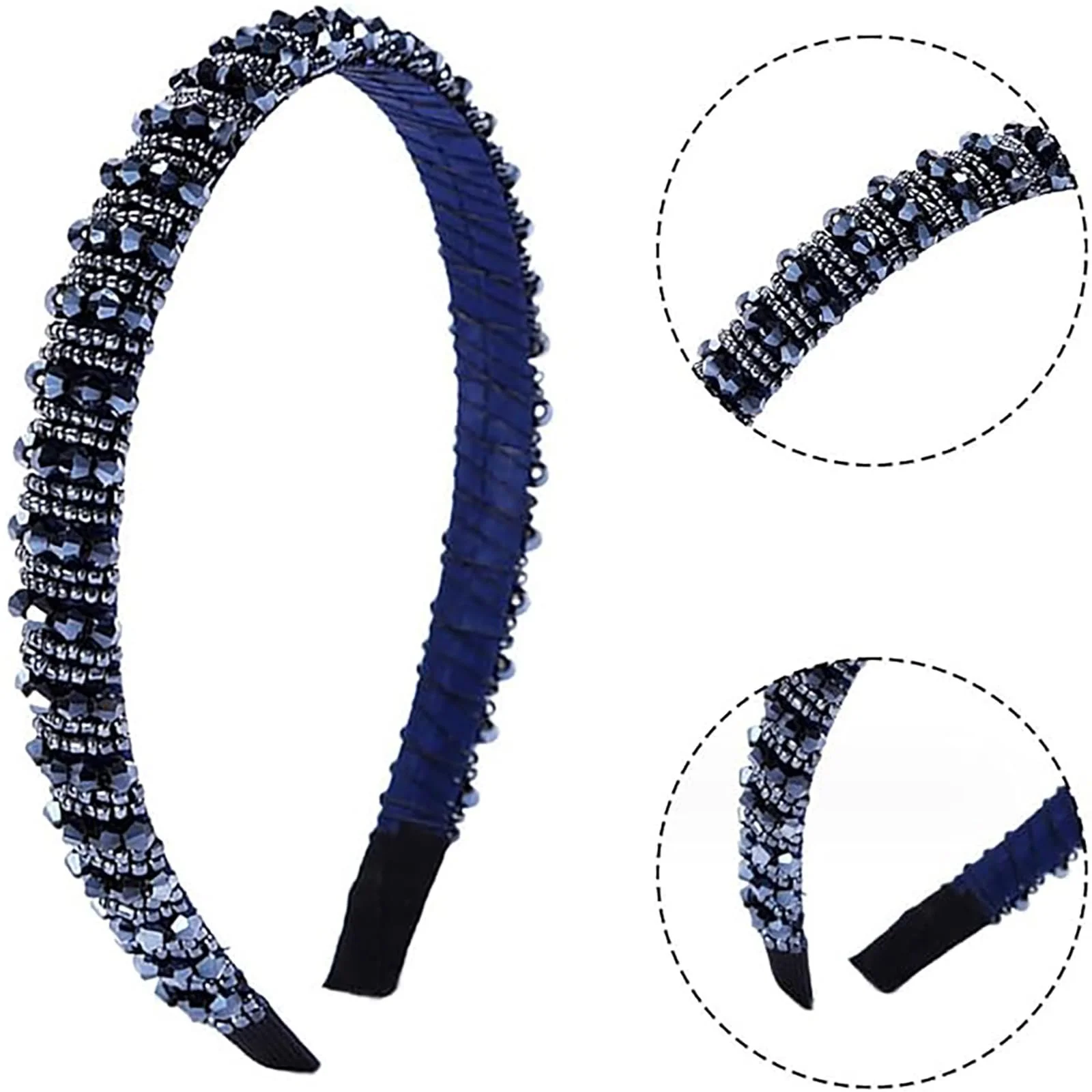 Обруч Темно-синій Плетений Ланцюжок з Намистин з Кристалічними Намистинами, фото №3