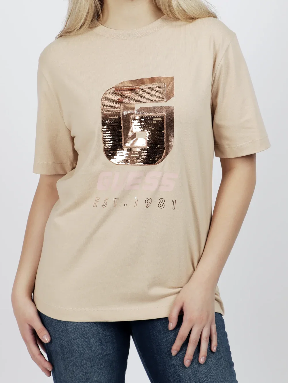 Жіноча футболка GUESS Activewear з паєтками / Бежева / Розмір S, фото №2