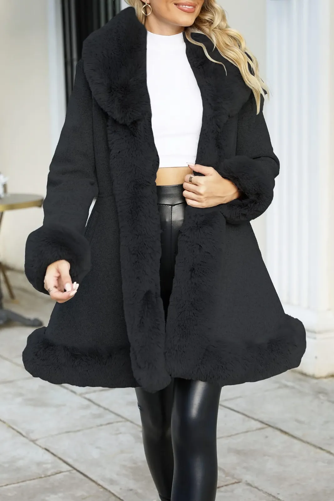 Пальто Giolshon Довге Жіноче Зі Штучної Шкіри та Вовни з Поясом, фото №2