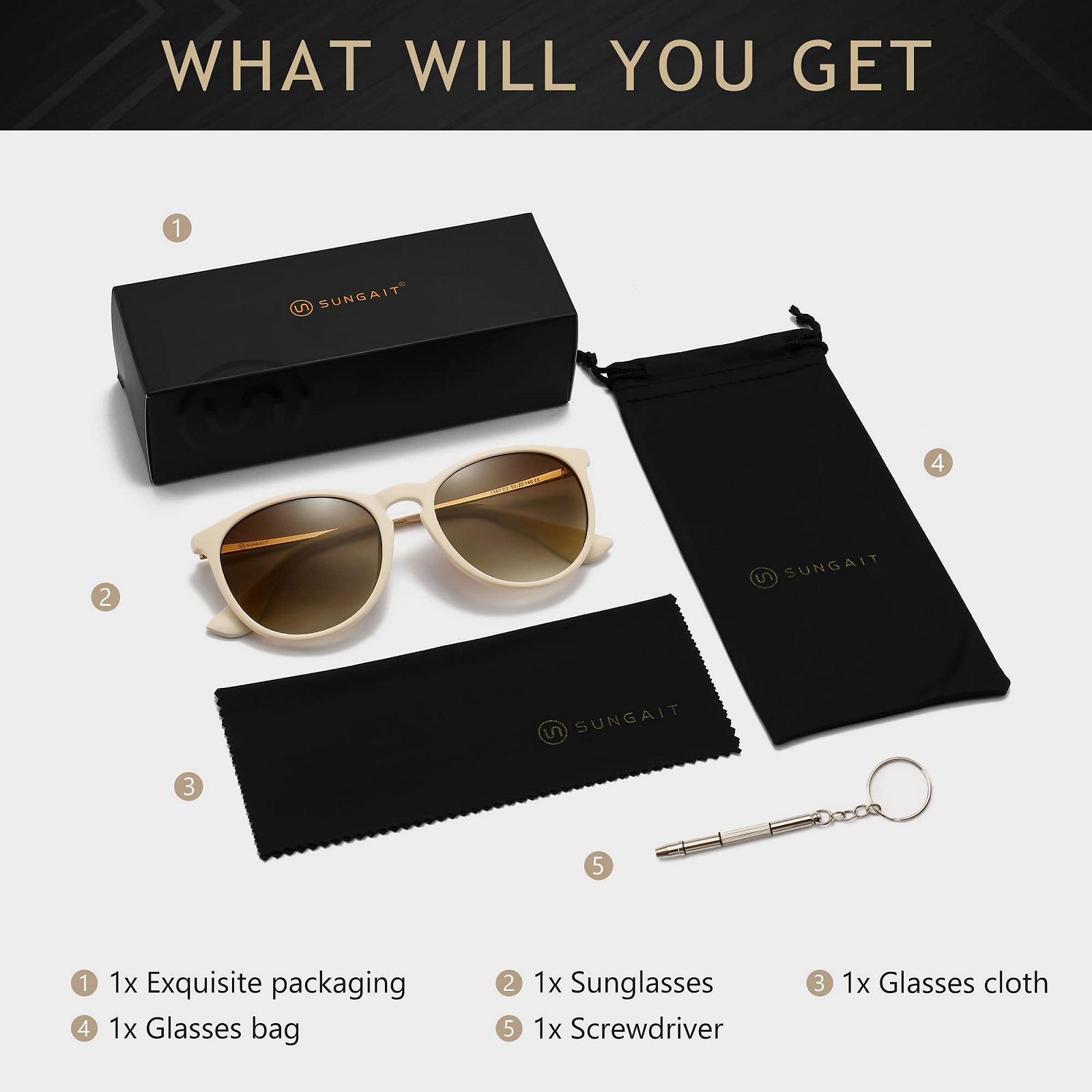 Вінтажні круглі сонцезахисні окуляри SUNGAIT, класичний ретро-дизайнерський стиль, молочно-біла оправа, коричневі градієнтні лінзи, фото №6