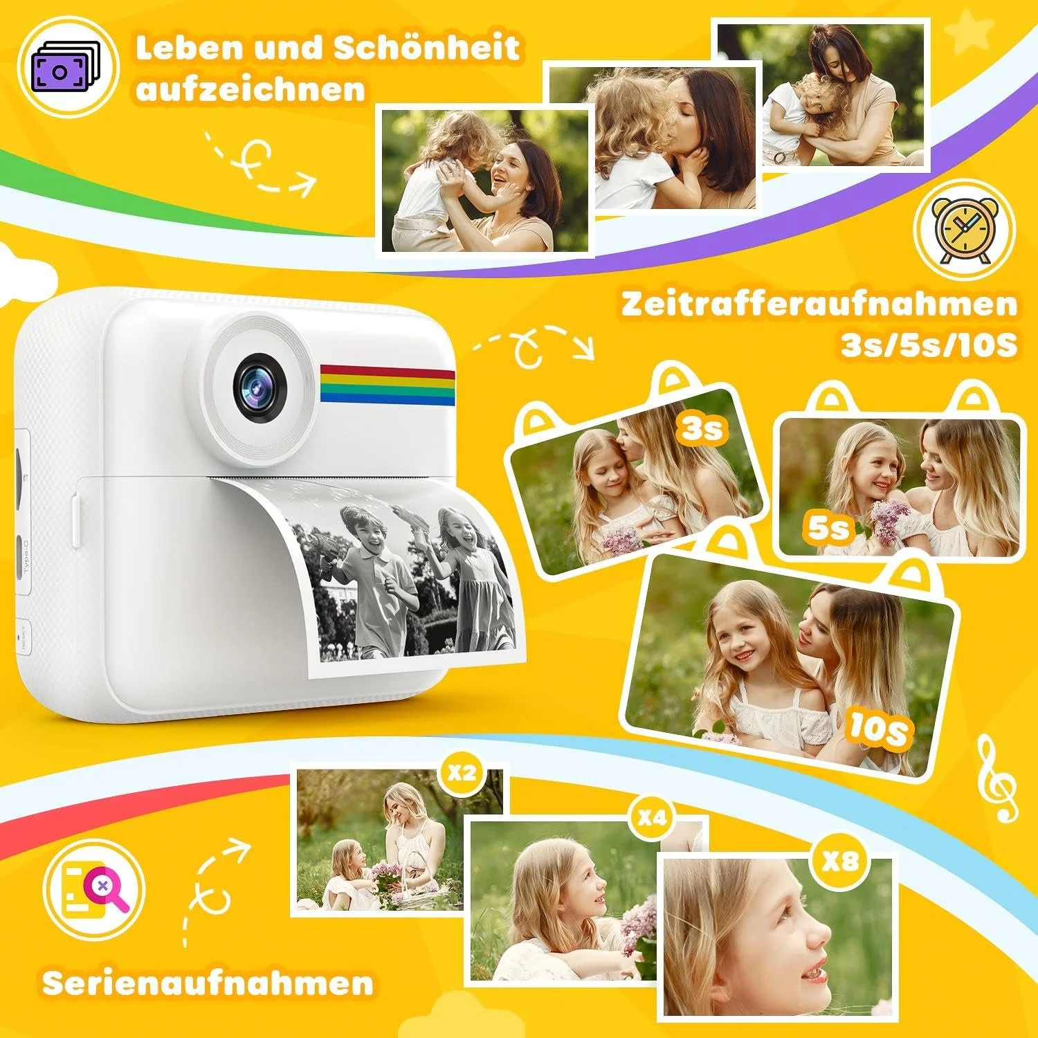 Детский фотоаппарат мгновенной печати 48MP 2.4 Inch HD Screen 1080P 32GB 3 Rolls of Paper, фото №4