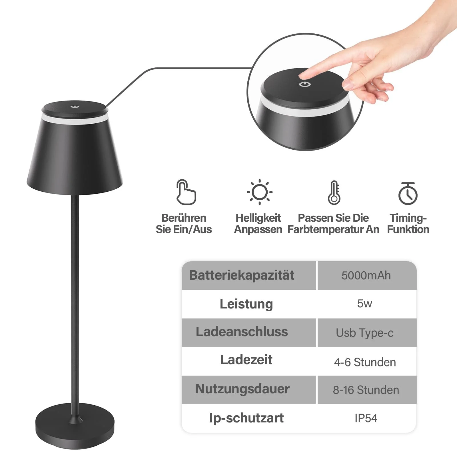 Настільна лампа Neoglint LED Акумуляторна Сенсорна Димер USB Type C IP54 Чорна, фото №3