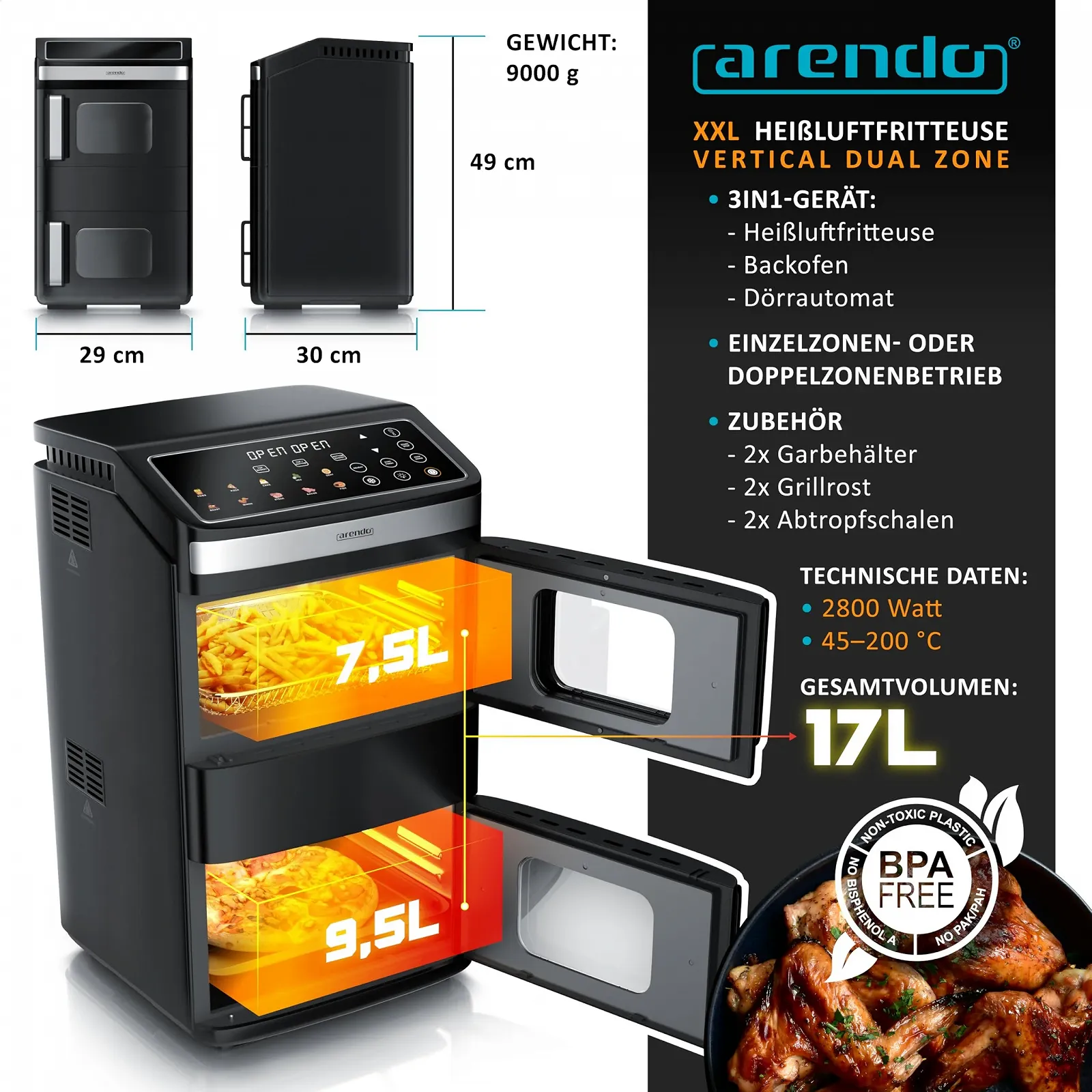 Мультипіч Arendo XXL Dual Zone 17 L 2800 W 2 камери Сенсорна панель Оглядове вікно Система 3D конвекції, фото №2 Мультипіч Arendo XXL Dual Zone 17 L 2800 W 2 камери Сенсорна панель Оглядове вікно Система 3D конвекції, фото №2