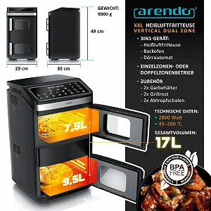 Мультипіч Arendo XXL Dual Zone 17 L 2800 W 2 камери Сенсорна панель Оглядове вікно Система 3D конвекції synthetic.ua - Фото 1